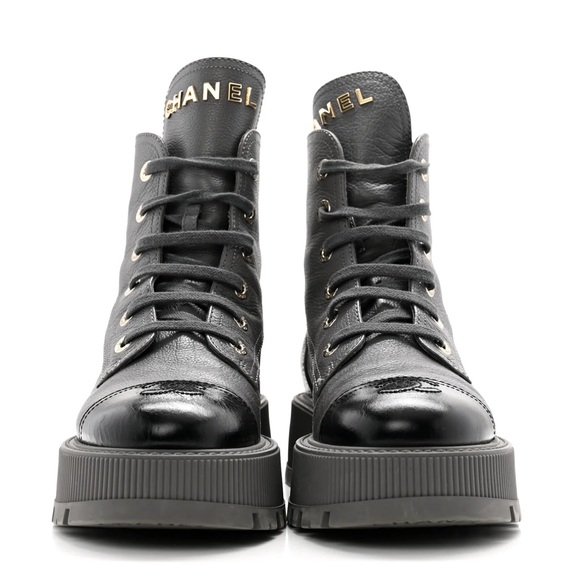 Brand New Chanel Grey Leather Cap Toe Combat Boots, 38 - Picture 2 of 6